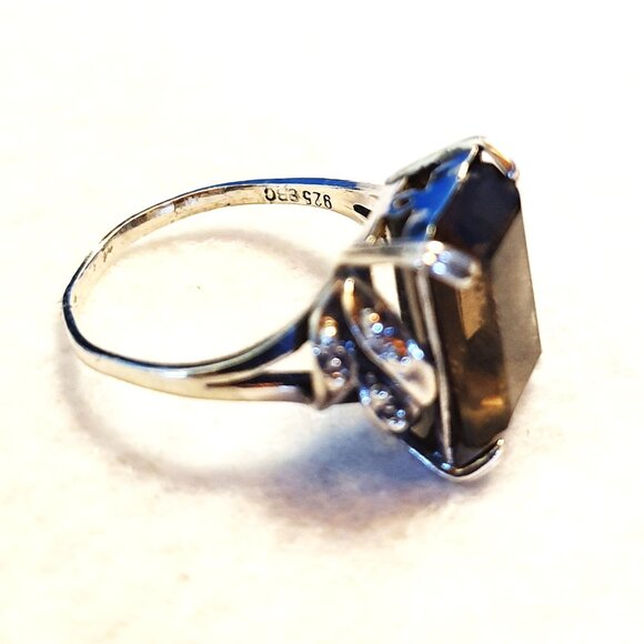 One-of-a-Kind Vintage Art Deco Smoky Quartz 925 Sterling Silver Cocktail Ring - Picture 7 of 15